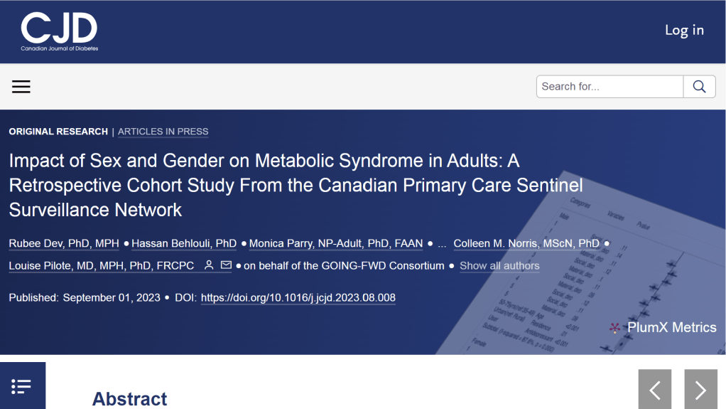 New paper using data from CPCSSN: The impact of sex and gender on metabolic syndrome in&nbsp;adults